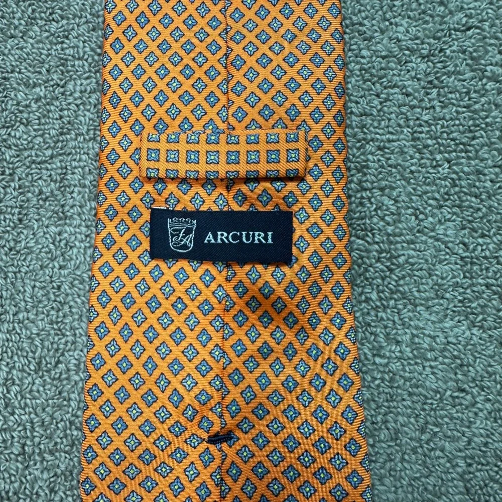 Arcuri Silk Tie Orange Blue Geometric Medallion Pattern Mens Necktie Italy